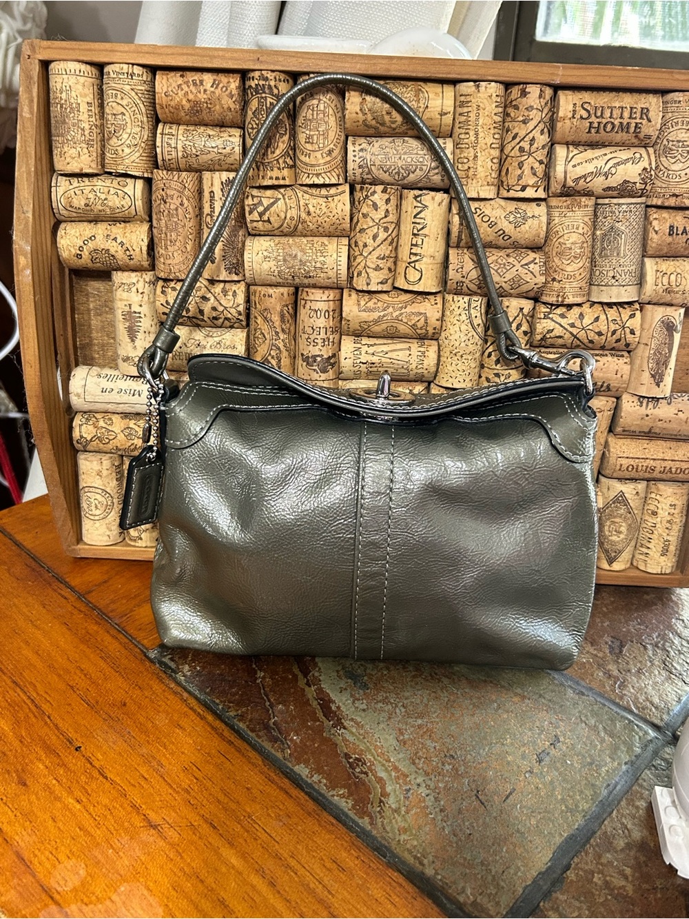 Coach Mini Metallic Olive Green Wristlet